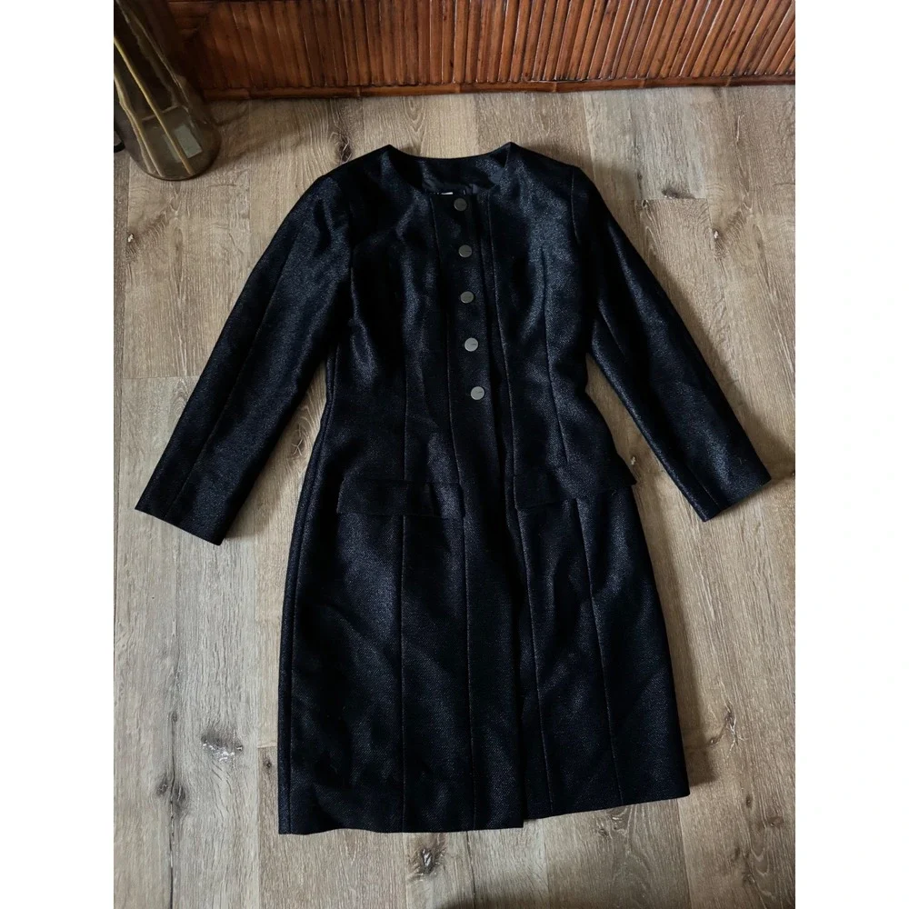 Chanel Vintage 99A Black Wool‎ Blend Long Coat Silk Lined CC Buttons Size 40